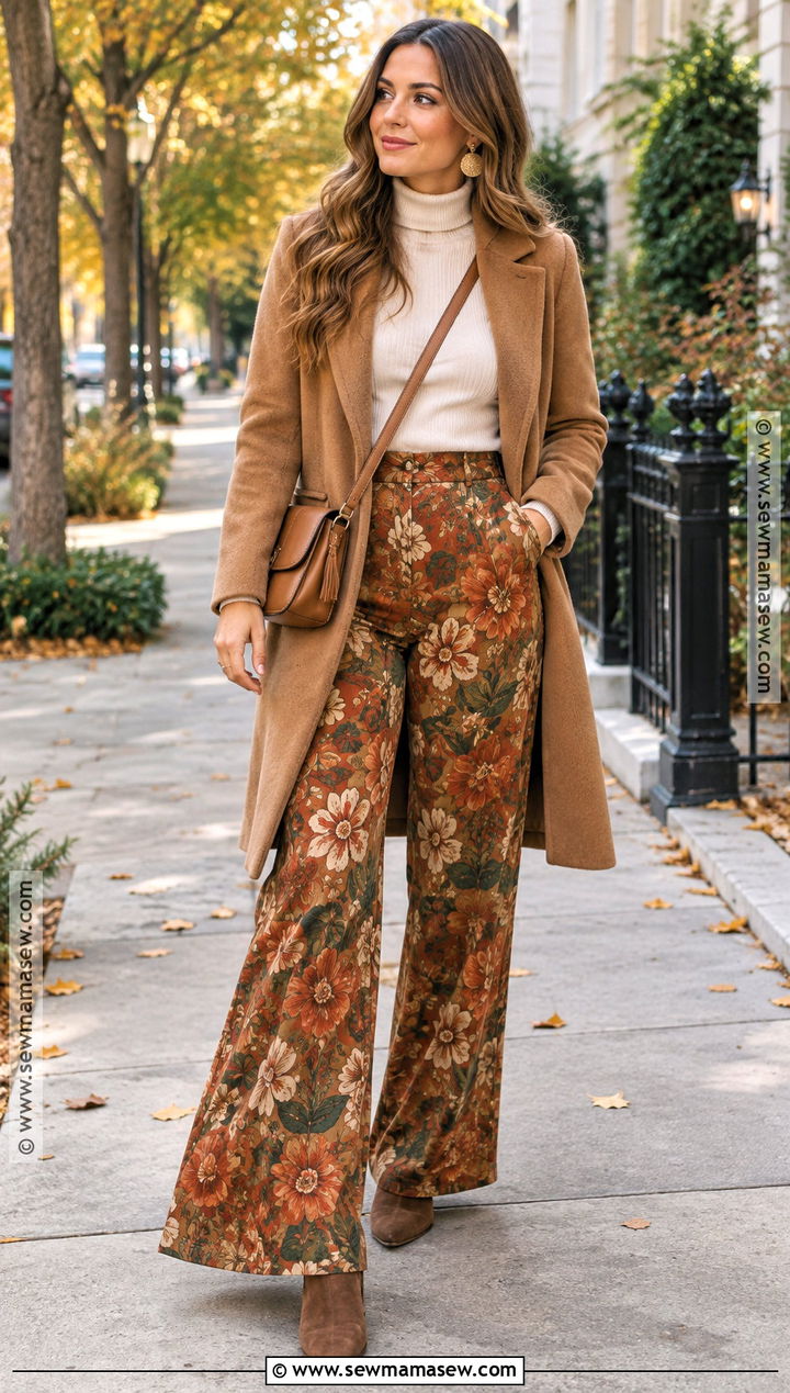Floral Boho Pants With A Fitted Turtleneck - 15 boho pants outfit fall