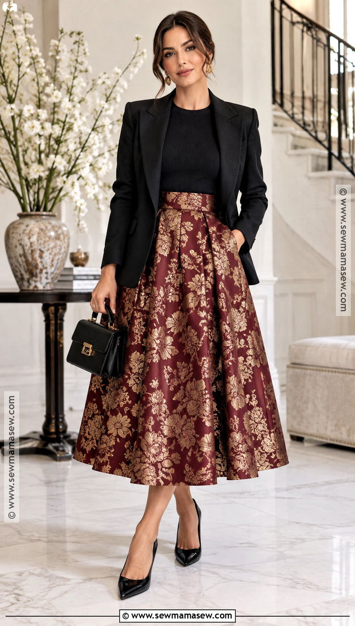 Floral Brocade Skirt With Black Blazer - 15 Autumn Floral Clothing Ideas