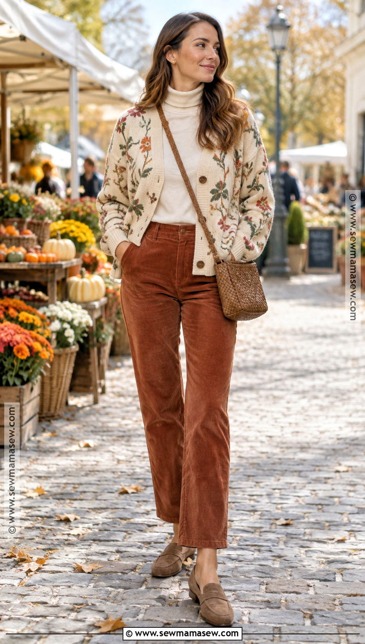 Floral Cardigan With Corduroy Pants - 15 floral cardigan fall fashion ideas