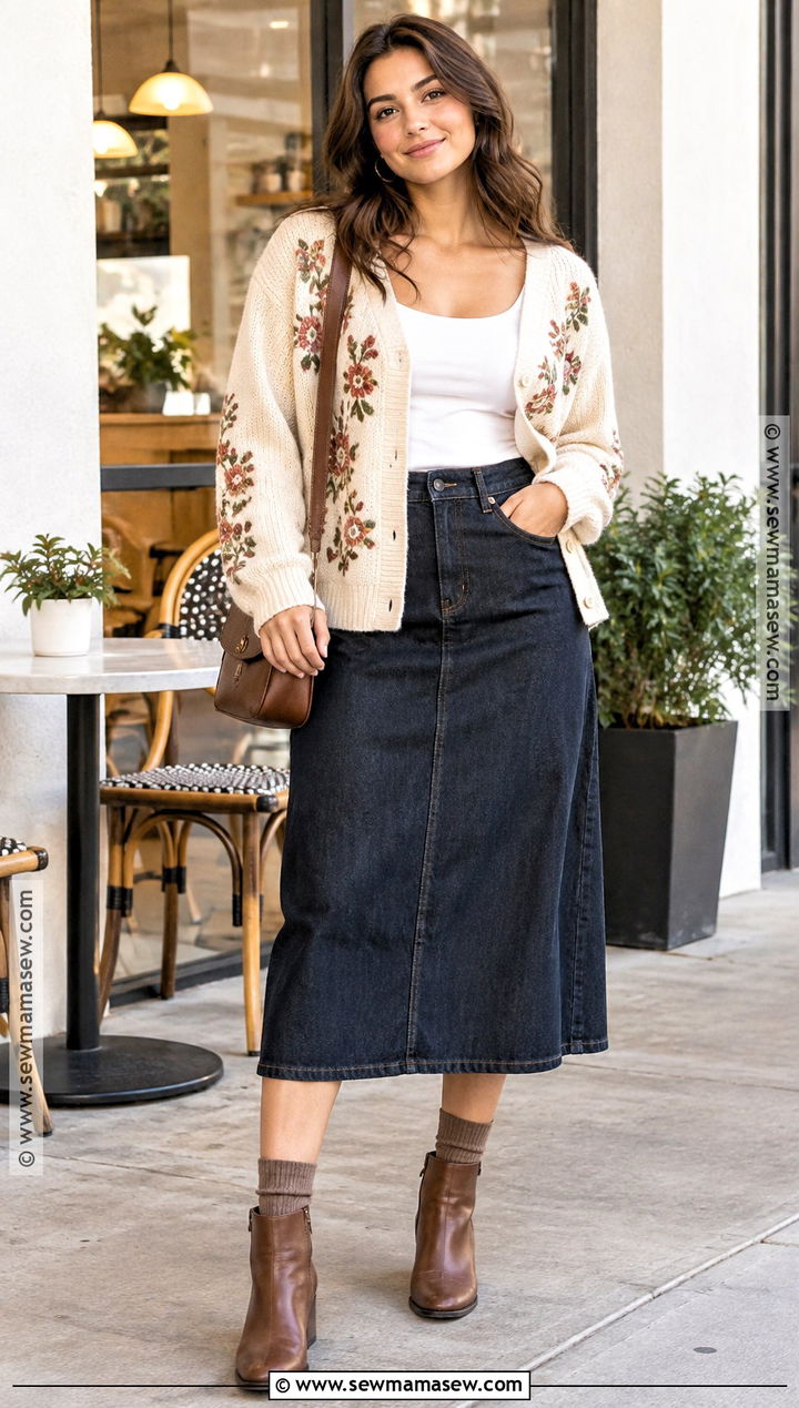 Floral Cardigan With Denim Midi Skirt - 15 Autumn Floral Clothing Ideas