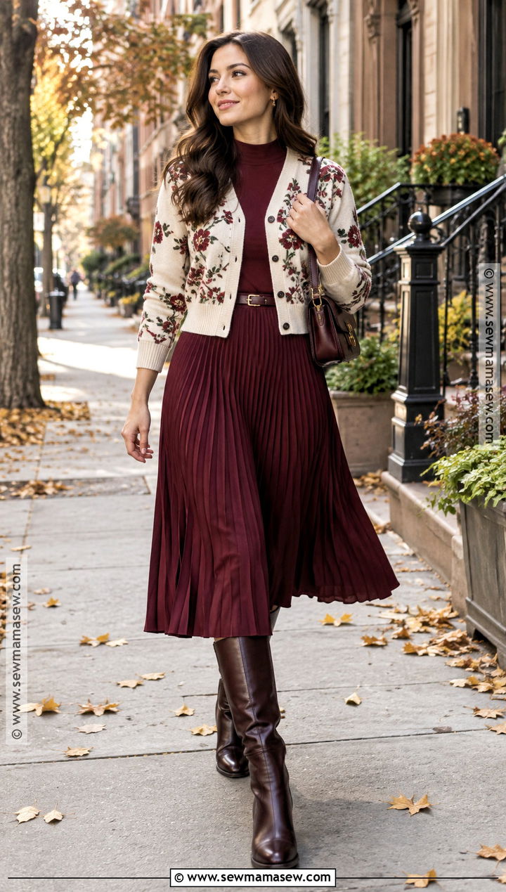 Floral Cardigan With Pleated Midi Skirt - 15 floral cardigan fall fashion ideas
