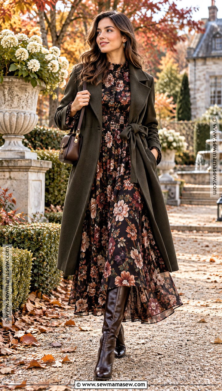 Floral Chiffon Maxi Dress With Knee High Boots - 15 Fancy Fall Dresses