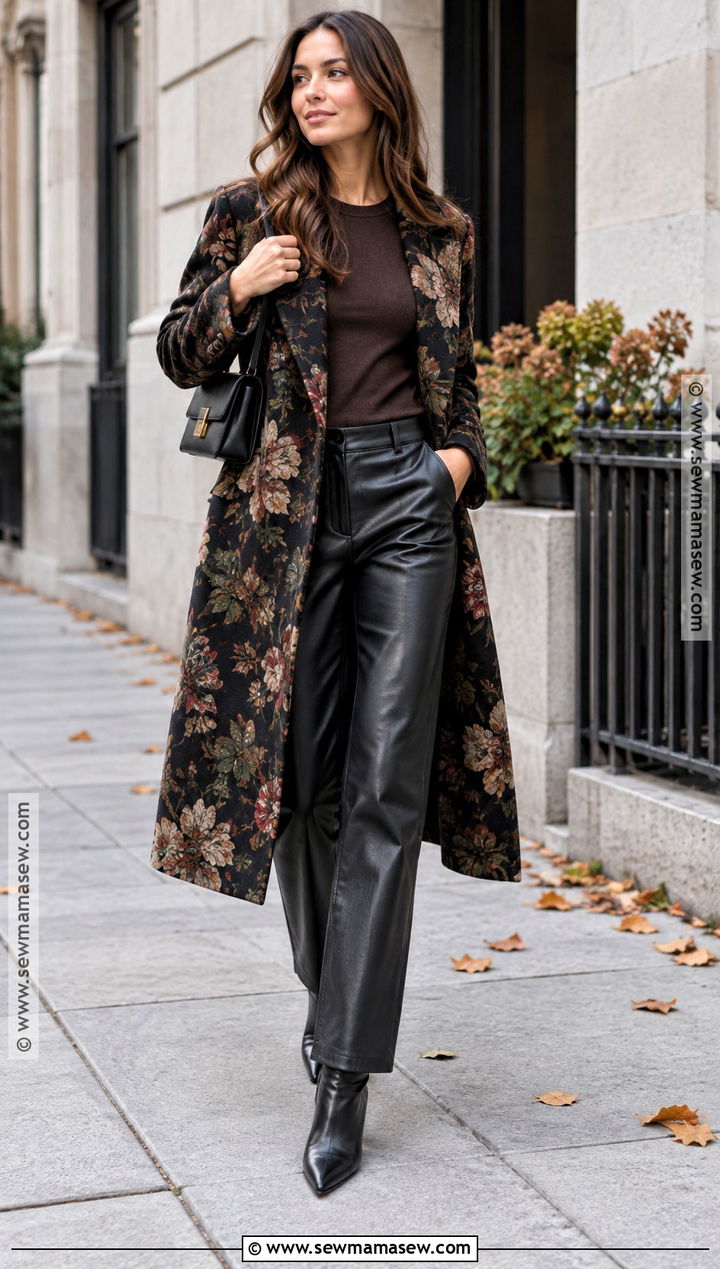 Floral Coat With Leather Pants And Ankle Boots - 15 autumn floral coat style ideas