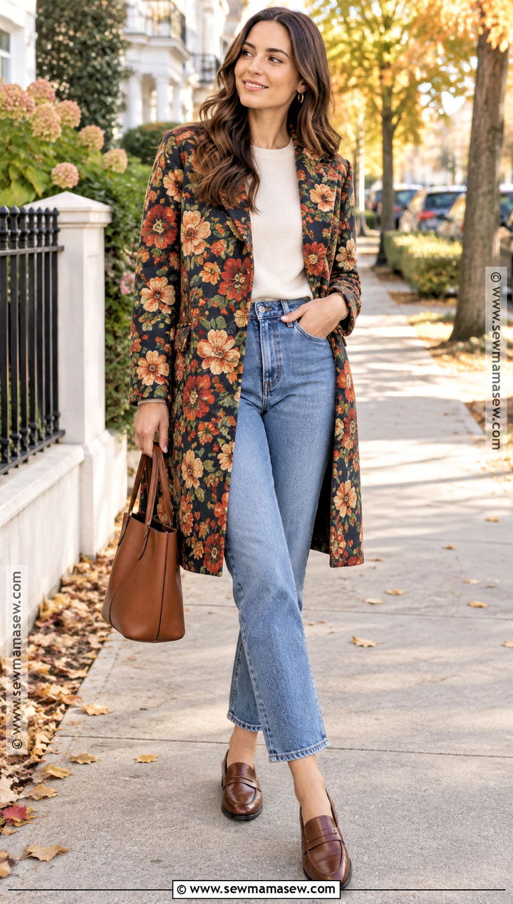 Floral Coat With T Shirt And Cropped Jeans - 15 autumn floral coat style ideas
