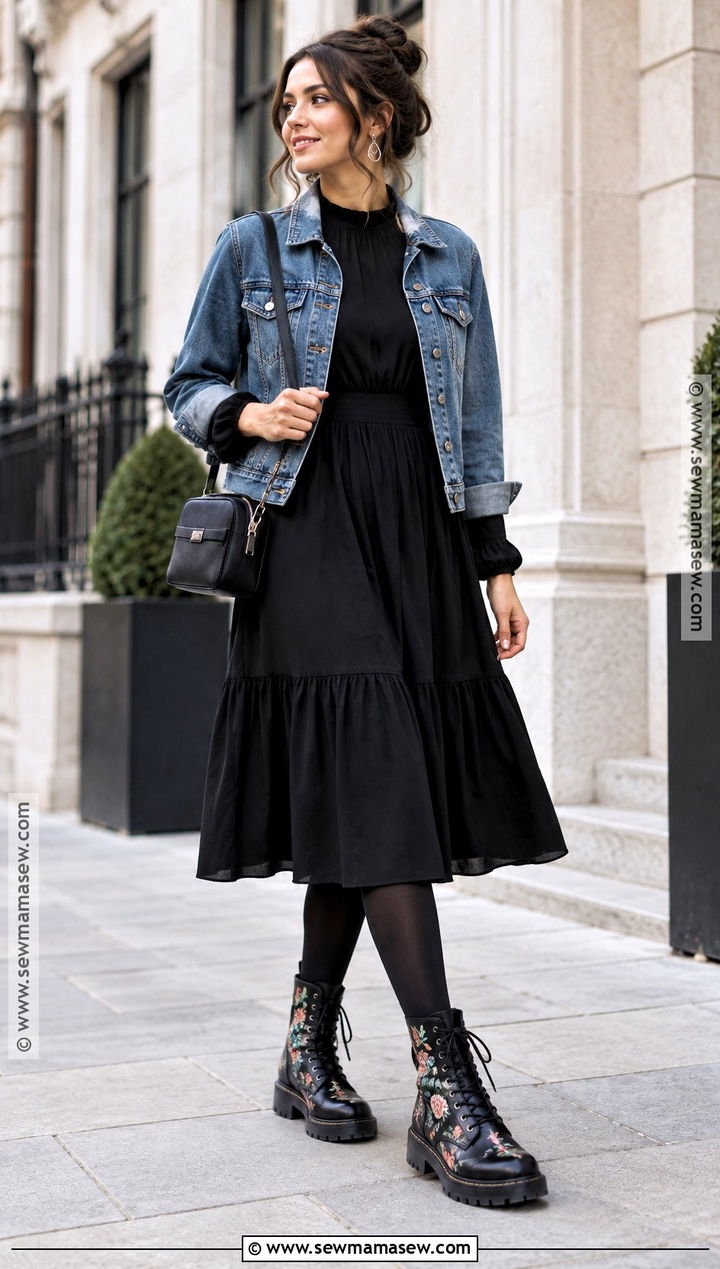 Floral Combat Boots With Black Midi Dress - 15 autumn floral boots