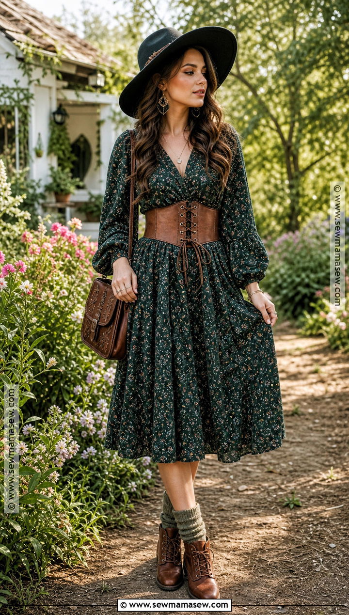 Floral Cottagecore Witch Outfit With Corset Belt - 30 cottagecore witch outfit ideas