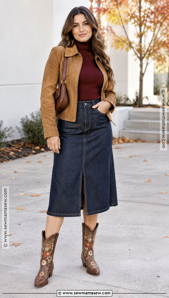 Floral Cowboy Boots With Denim Midi Skirt - 15 autumn floral boots