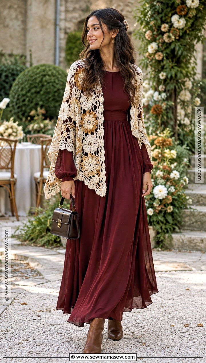 Floral Crochet Shawl With Maxi Dress - 15 Fall Crochet Shawl Ideas