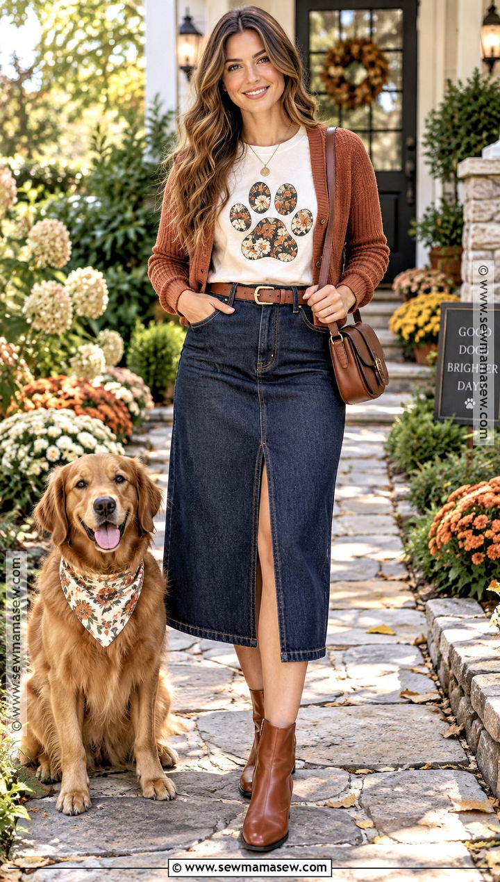 Floral Dog Mama Shirt With A Denim Midi Skirt - 15 Fall Dog Mom Shirt Ideas