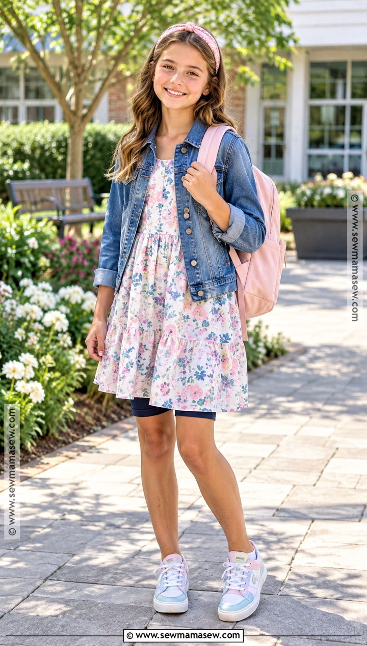 Floral Dress And Denim Jacket School Outfit - 20 Back To School Outfits 5Th Grade for Girls