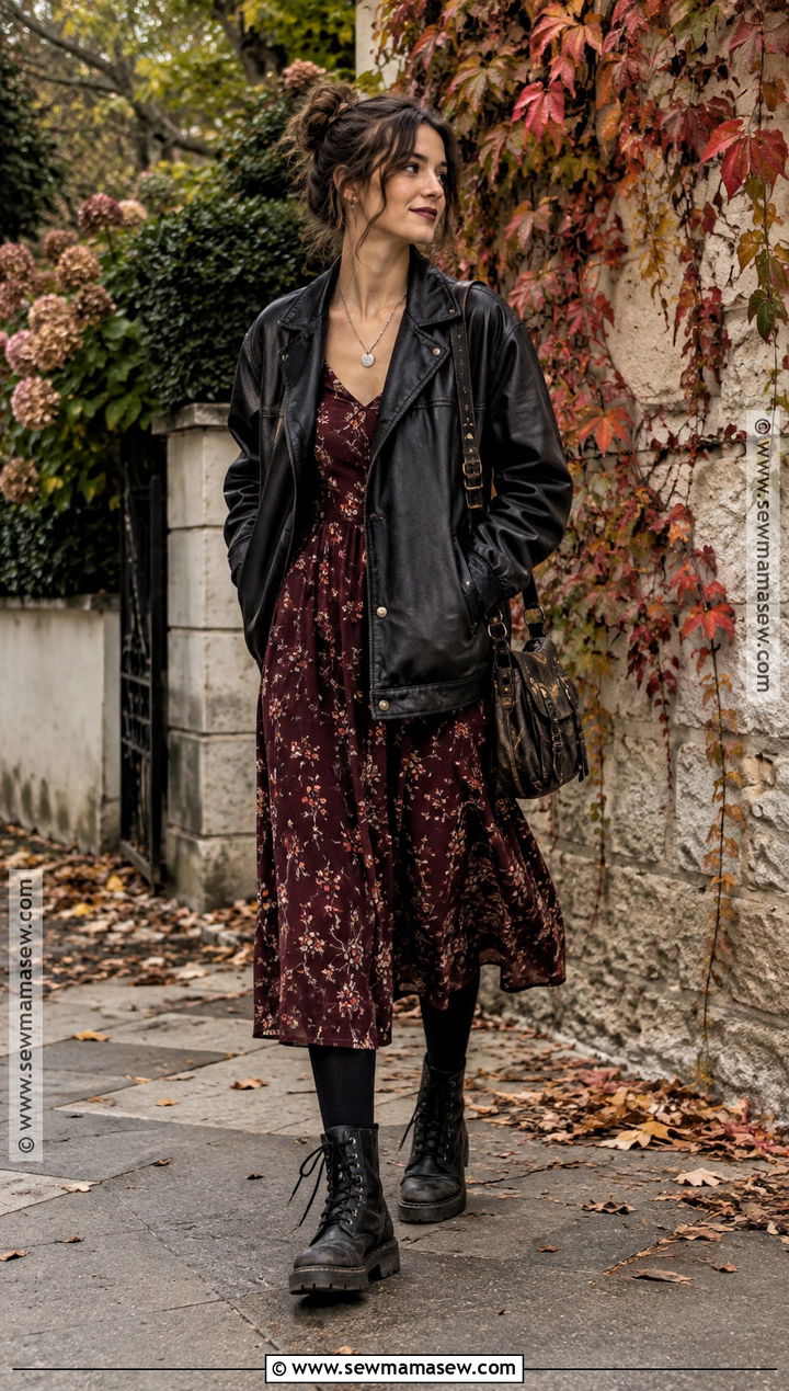 Floral Dress And Leather Jacket Grunge Outfit - 25 fall outfits grunge