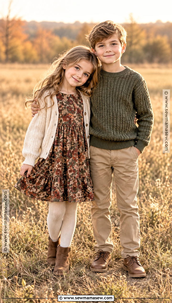 Floral Dress And Neutral Sibling Outfit - 15 Sibling Fall Photoshoot Outfits