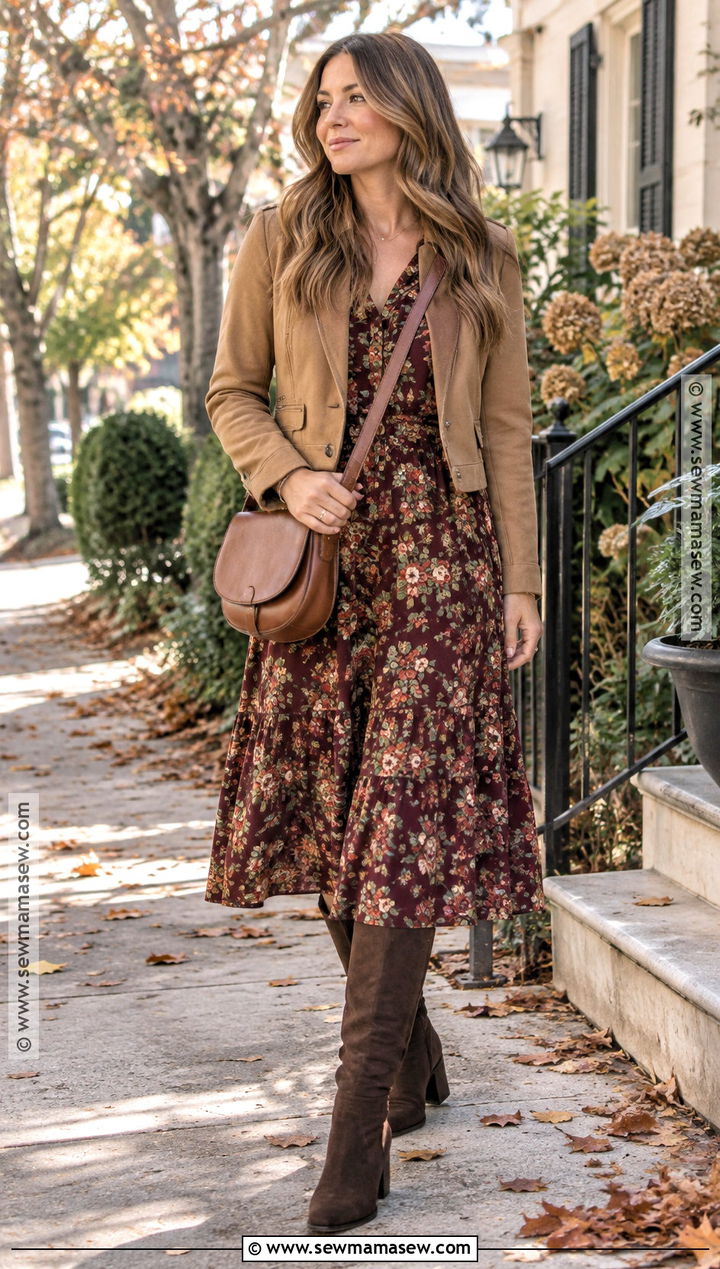 Floral Dress And Suede Tall Boots - 15 fall tall boots outfit 2026