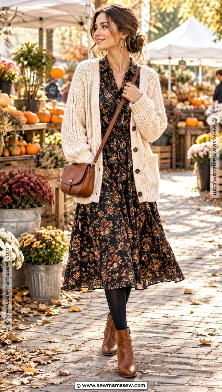 Floral Dress Fall Outfit With A Chunky Cardigan - 25 Fall Outfits Women Aesthetic