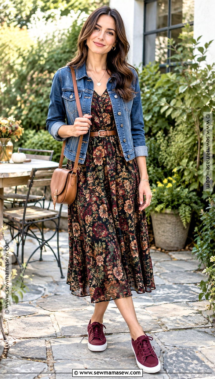 Floral Dress Fall Outfit With Burgundy Sneakers - 20 Fall Outfit With Sneakers