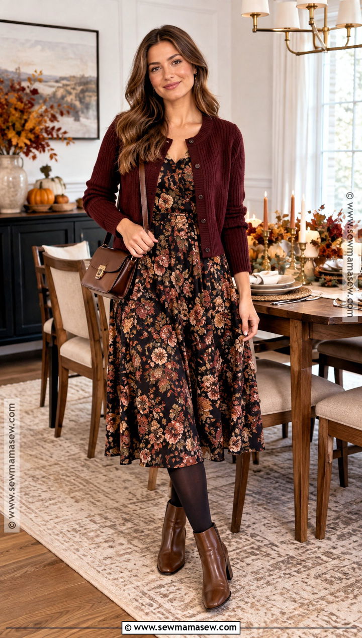 Floral Dress Thanksgiving Outfit With Cropped Cardigan - 25 Thanksgiving Fits