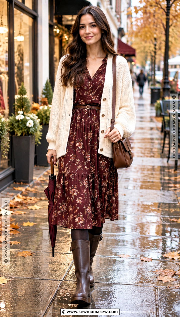Floral Dress With Cardigan And Rain Boots - 15 Autumn Outfit With Rain Boots