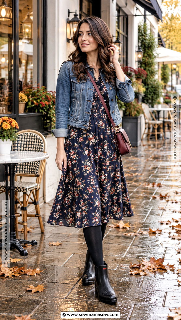 Floral Dress With Denim Jacket And Short Rain Boots - 20 rainboots outfit fall ideas