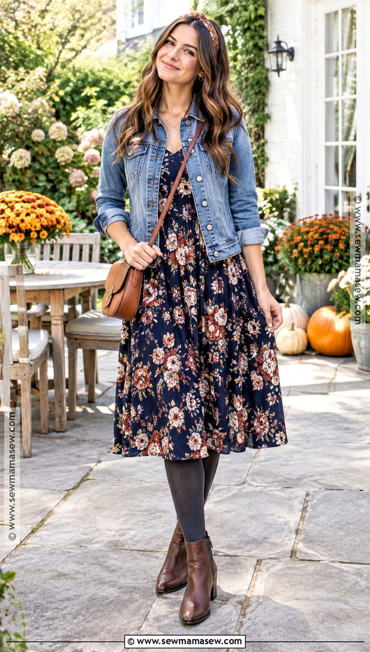 Floral Dress With Denim Jacket Fall Outfit - 15 fall clothes for girls