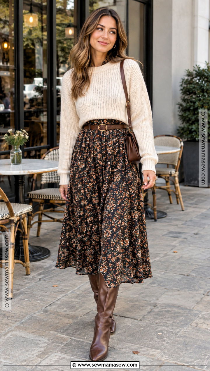 Floral Dress With Sweater And Tall Boots - 15 Autumn Floral Dress Ideas