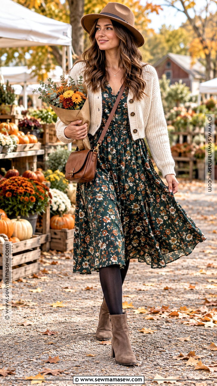 Floral Dress and Ankle Boots Fall Outfit - 20 fall vibe outfits