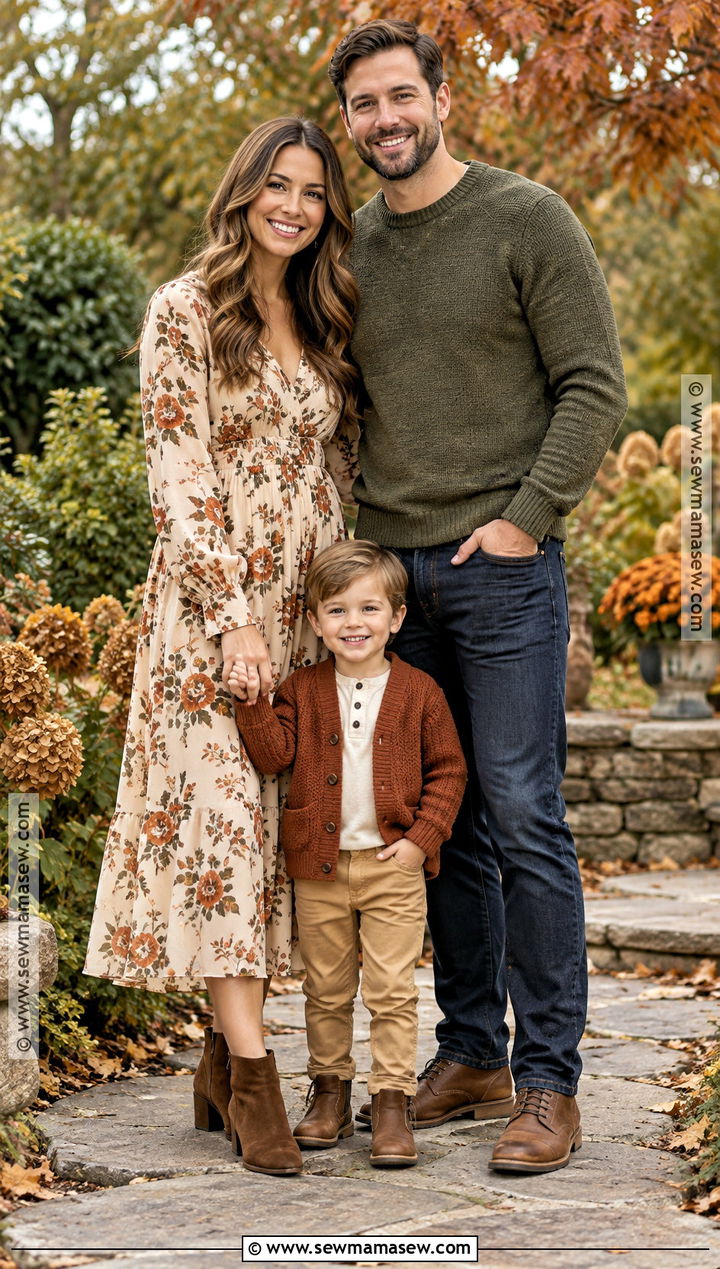 Floral Dress and Coordinating Solids Family of 3 Fall Photo Outfit - 20 family of 3 fall photo outfits
