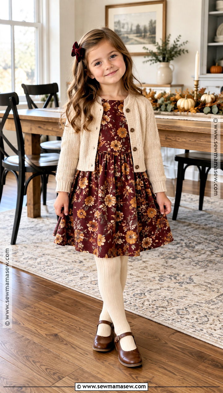 Floral Dress and Cream Tights Thanksgiving Outfit - 15 Thanksgiving Clothes for Kids