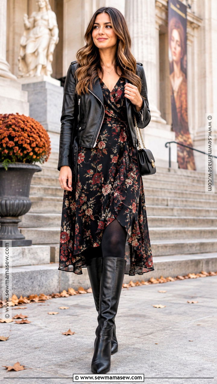 Floral Dress and Moto Jacket Fall Outfit - 30 fall inspo outfits