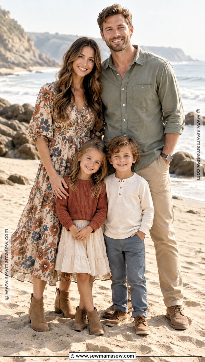 Floral Dress and Neutral Fall Beach Family Outfit - 15 fall beach photoshoot family outfits