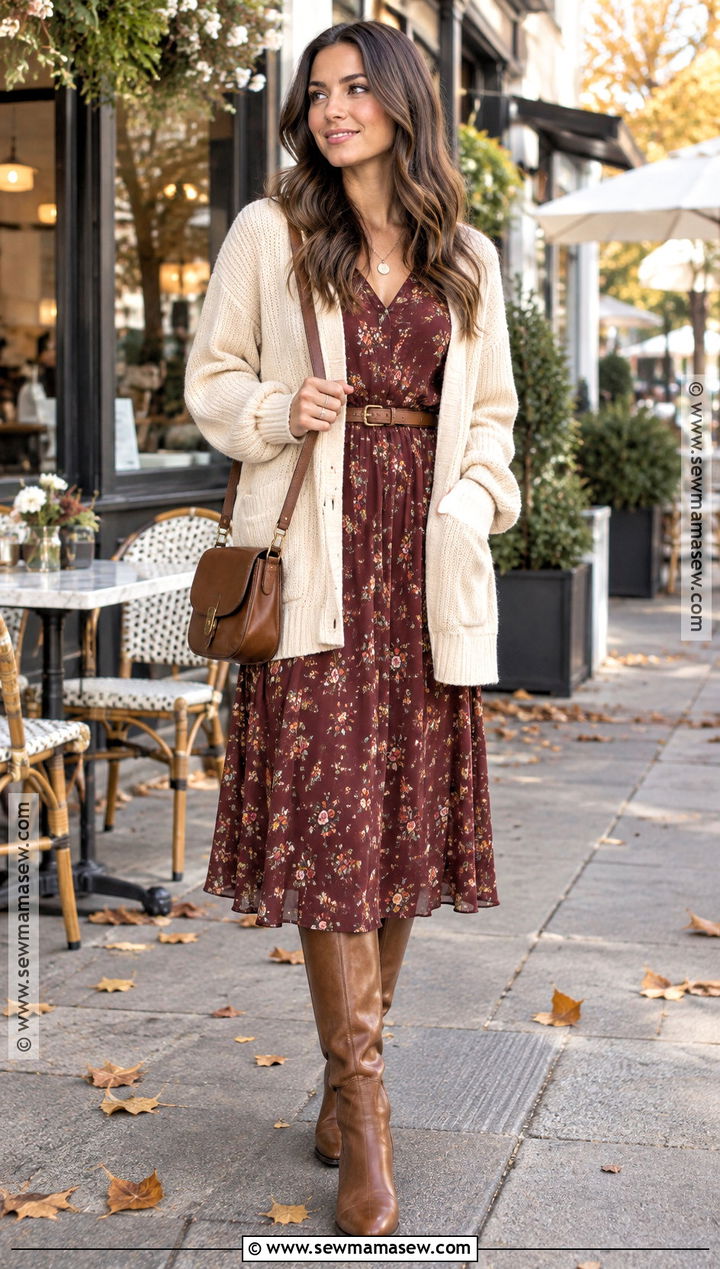 Floral Dress and Oversized Cardigan Fall Outfit - 15 fall looks for women outfit ideas 2026
