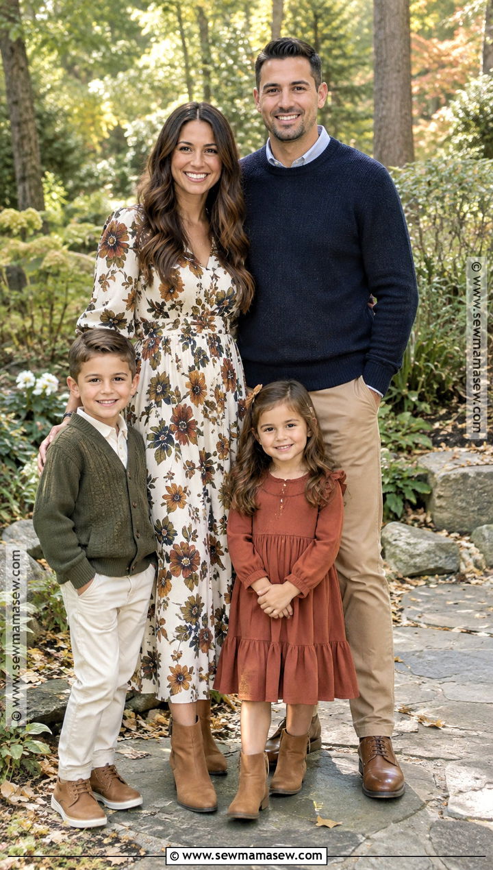 Floral Dress and Solid Fall Family Picture Outfits - 20 family of 4 fall picture outfits
