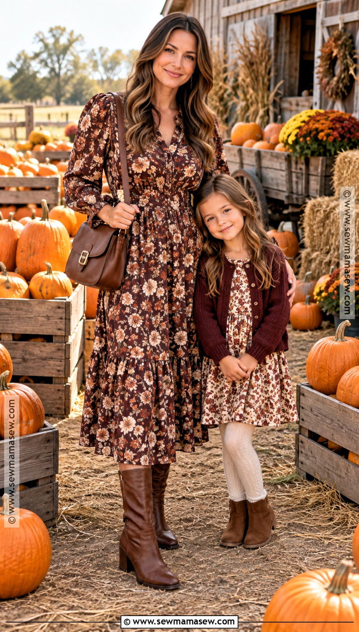 Floral Dresses and Brown Boots Pumpkin Patch Outfit - 15 mom and daughter pumpkin patch outfits