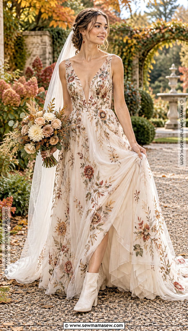 Floral Embroidered Boho Autumn Wedding Dress - 15 boho autumn wedding dress ideas