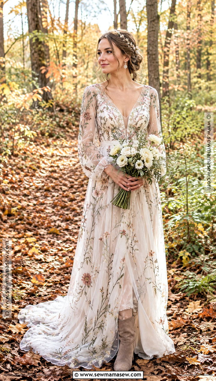 Floral Embroidered Boho Long Sleeve Wedding Dress - 15 boho fall wedding dress long sleeve ideas