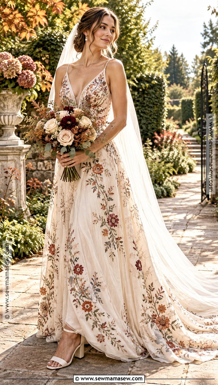 Floral Embroidered Boho Wedding Dress - 15 fall boho wedding dress ideas