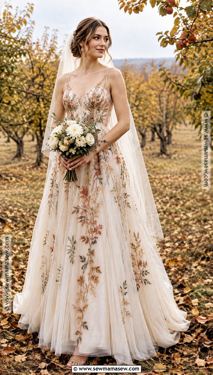 Floral Embroidered Fall Bride Gown - 15 fall bride outfit ideas