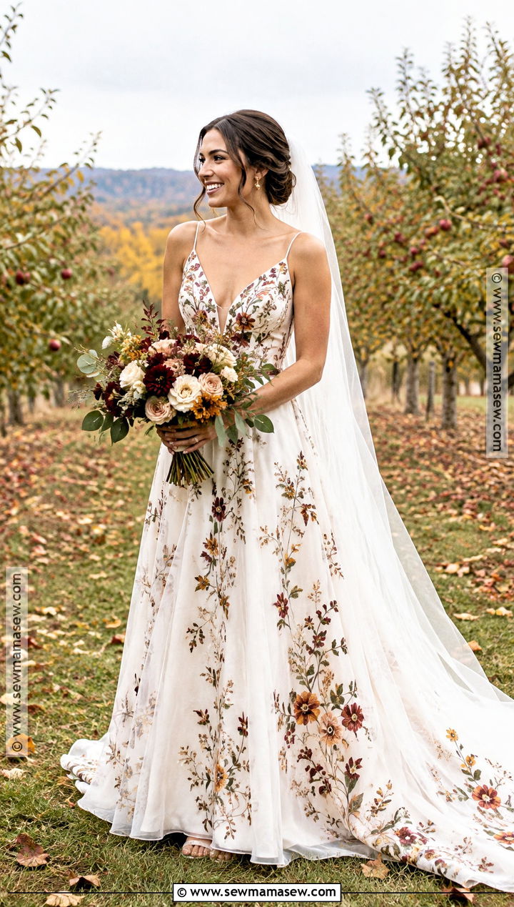 Floral Embroidered Fall Wedding Dress - 15 Fall Theme Wedding Dress Ideas