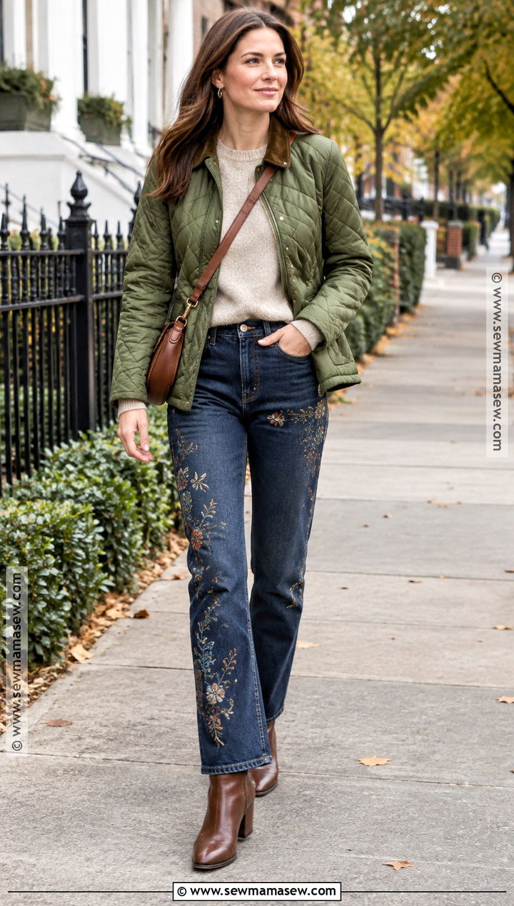Floral Embroidered Jeans With Crewneck Sweater - 15 Autumn Floral Clothing Ideas