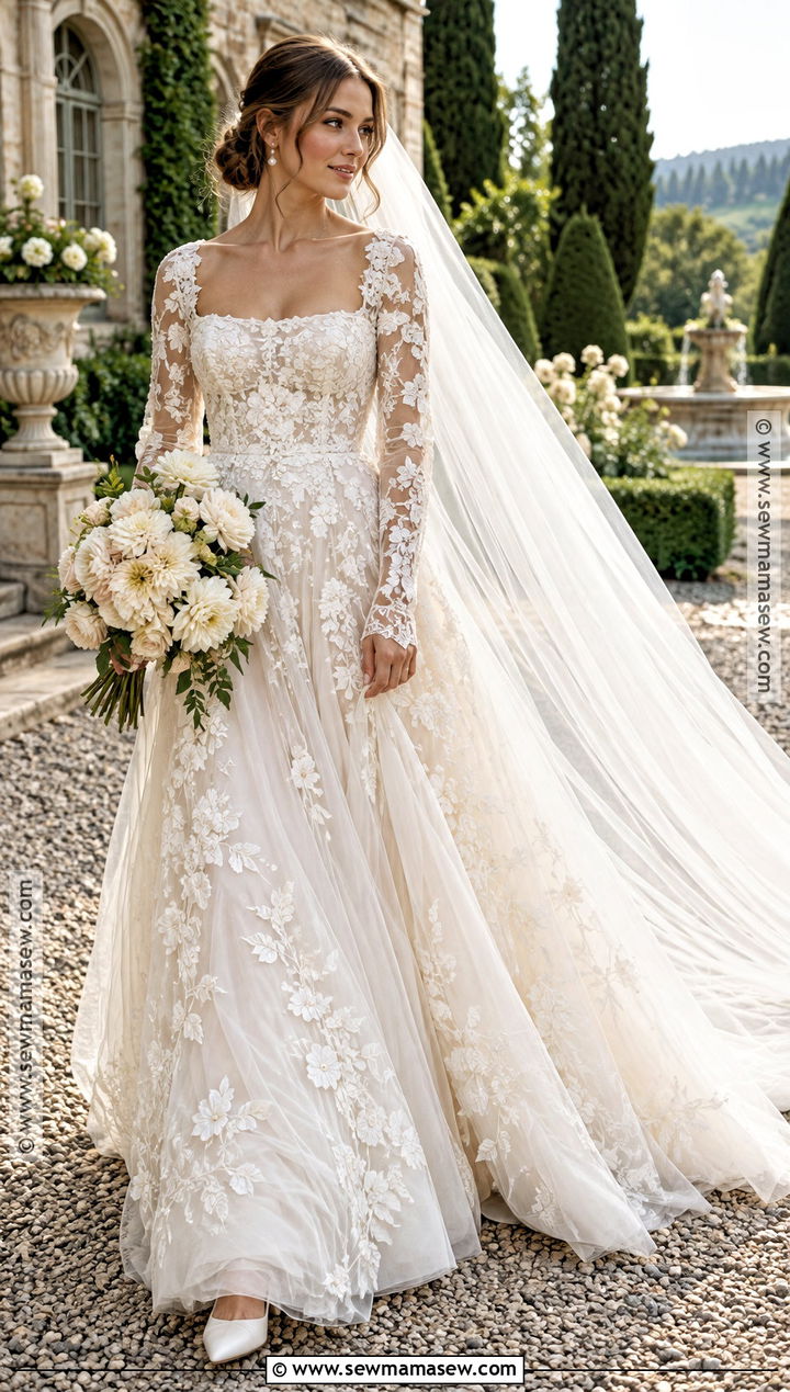 Floral Embroidered Long Sleeve Fall Wedding Dress - 20 long sleeve fall wedding dress ideas