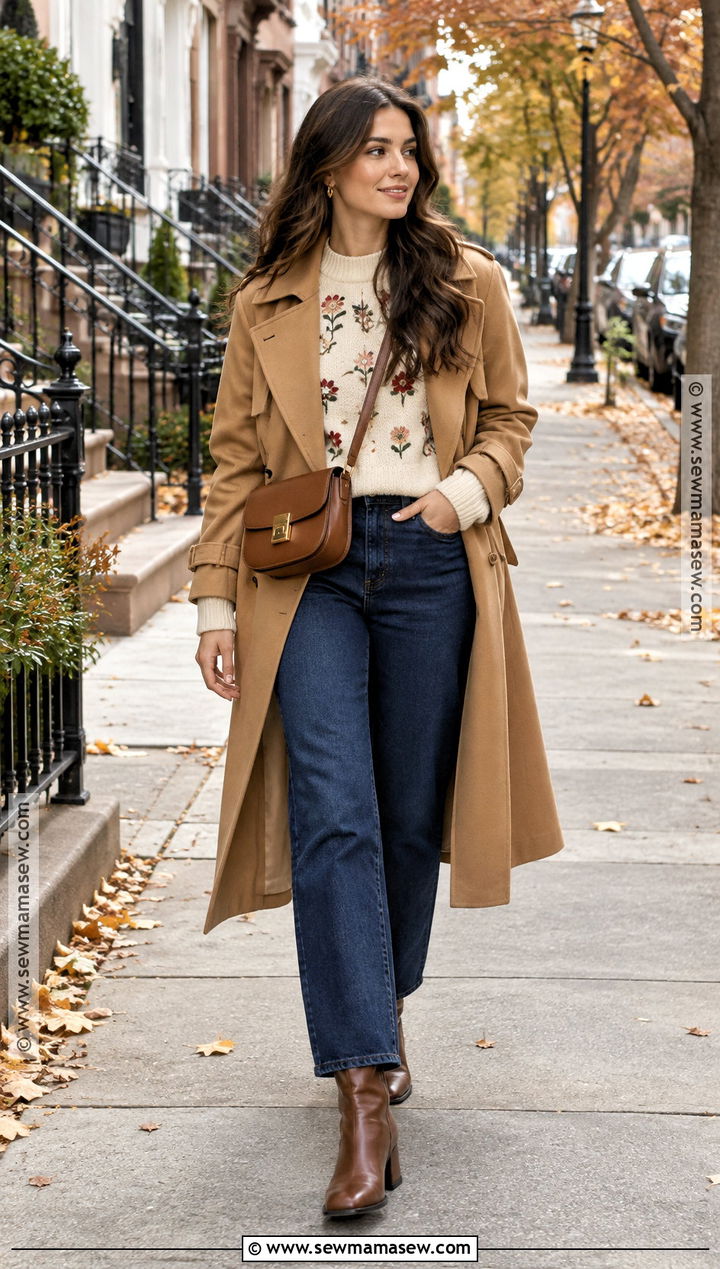 Floral Embroidered Sweater With Straight Leg Jeans - 15 Embroidered Sweater Fall Style Ideas