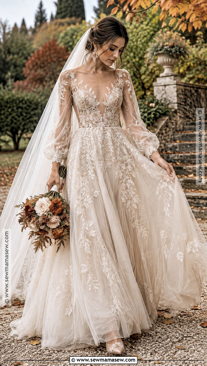 Floral Embroidered Tulle Fall Wedding Dress - 15 Wedding Dress For Fall Outdoor Wedding Ideas