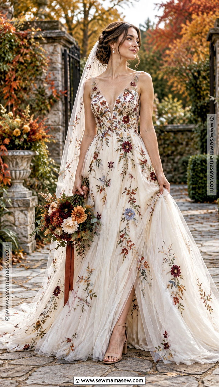 Floral Embroidered Tulle Wedding Dress - 15 Non Traditional Fall Wedding Dress Ideas