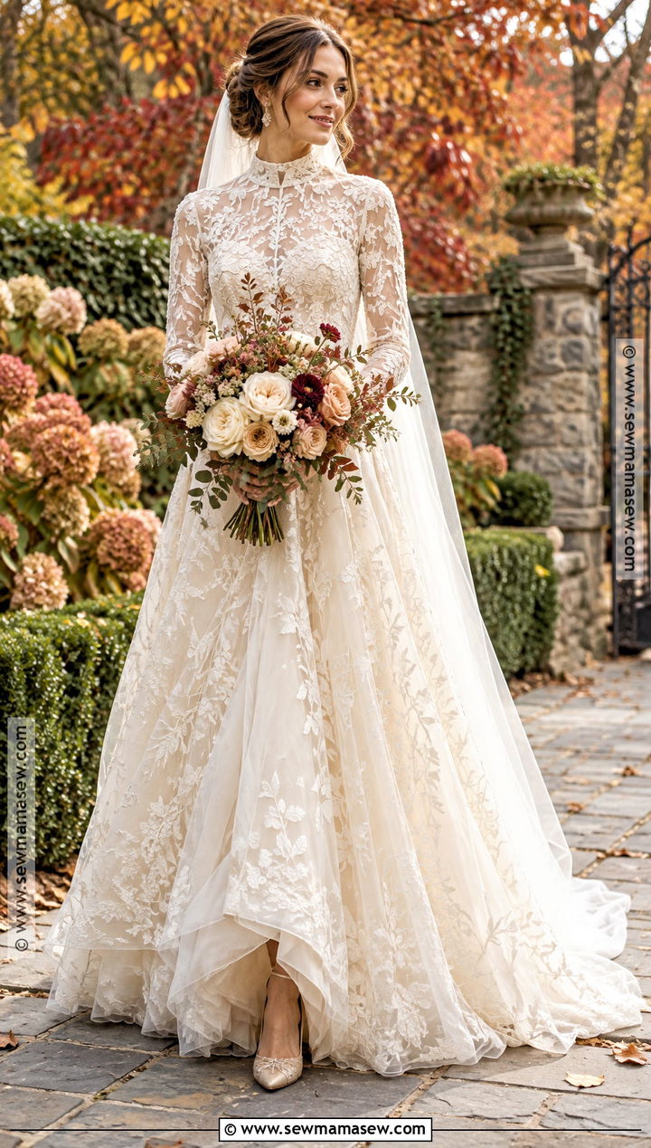 Floral Embroidered Tulle Wedding Dress - 15 Modest Fall Wedding Dresses