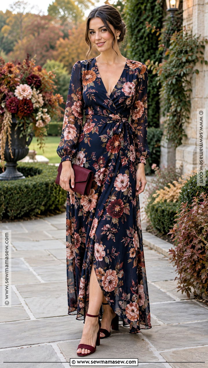 Floral Fall Bridesmaid Dress With Burgundy Heels - 25 october bridesmaid dresses