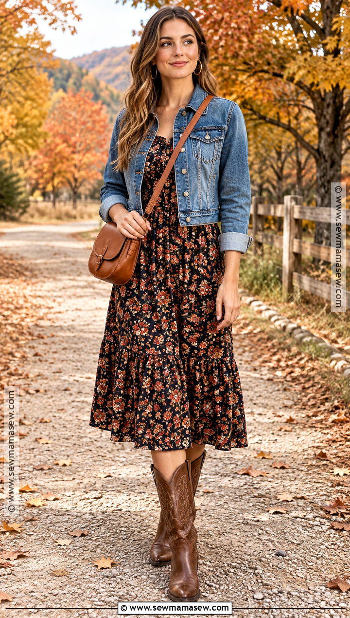 Floral Fall Country Dress With Cowboy Boots - 15 Fall Country Dresses