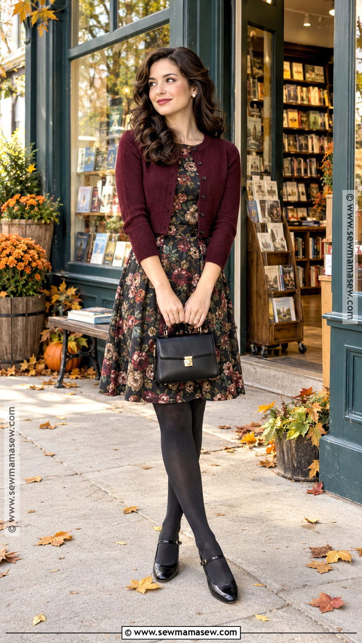 Floral Fall Dress With Tights And Mary Janes - 20 Floral Fall Dress Ideas