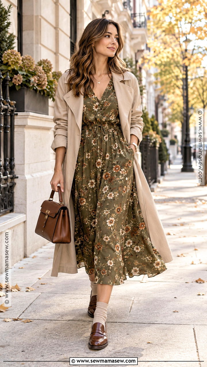 Floral Fall Dress With Trench Coat And Loafers - 20 Floral Fall Dress Ideas
