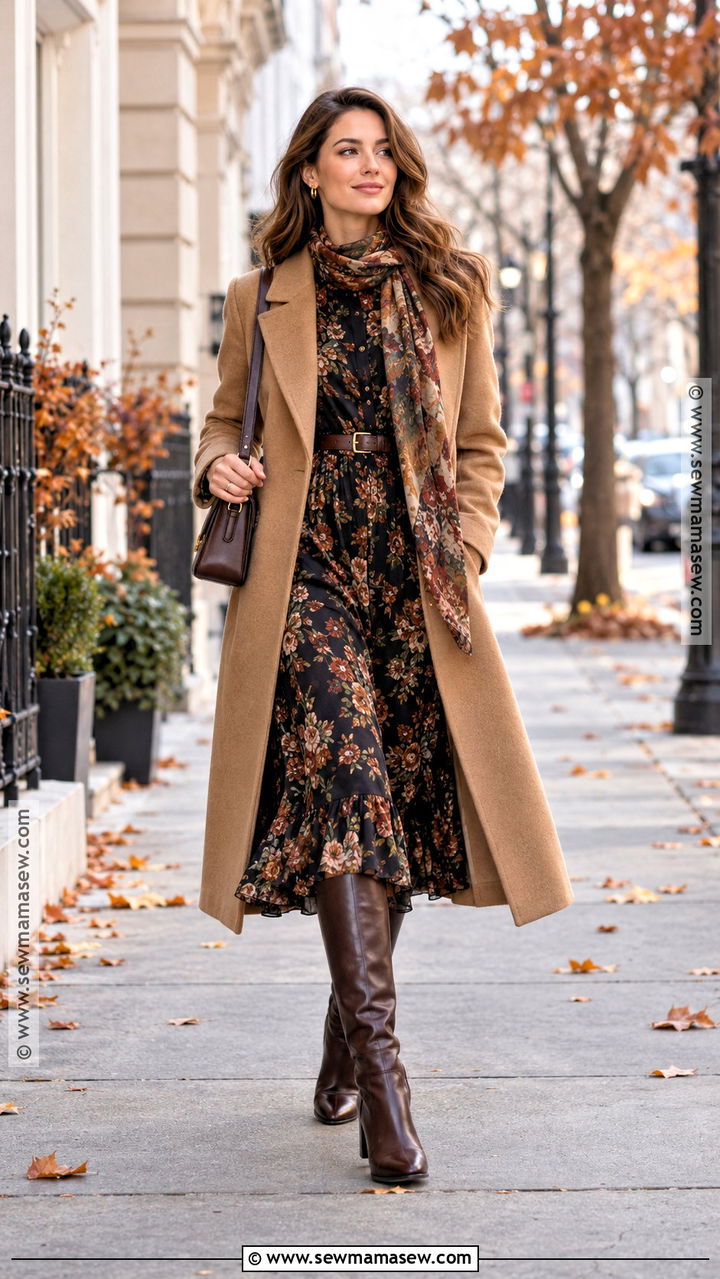 Floral Fall Dress With Wool Coat And Knee Boots - 20 Floral Fall Dress Ideas