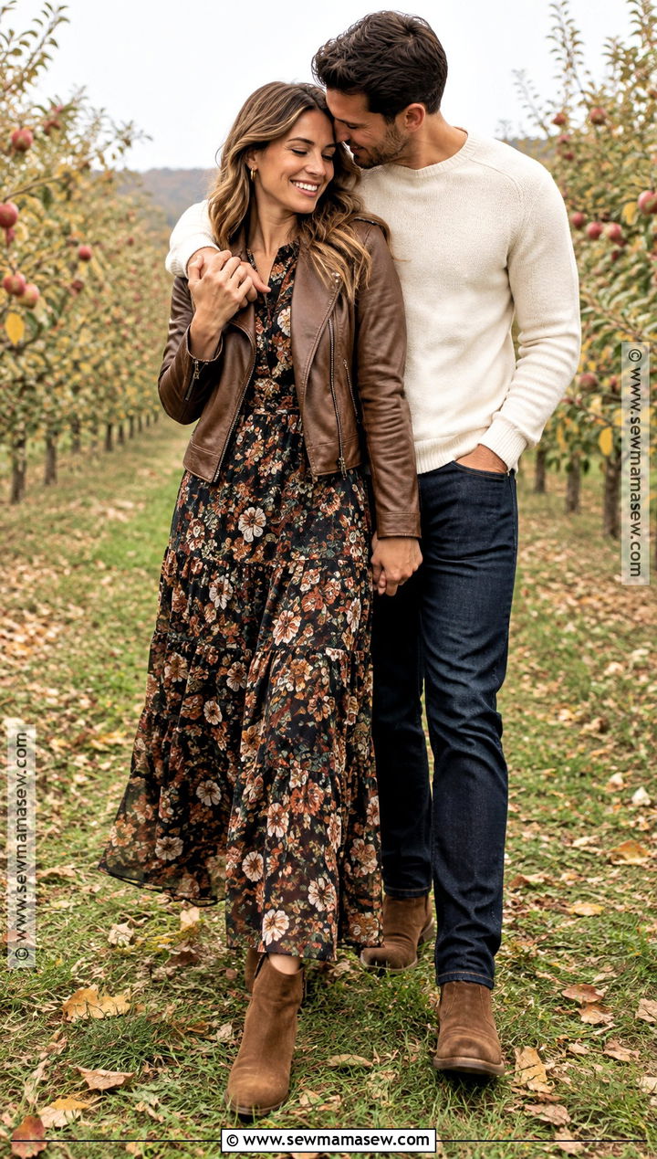 Floral Fall Maxi Dress With Leather Jacket - 15 engagement photos outfits fall dresses