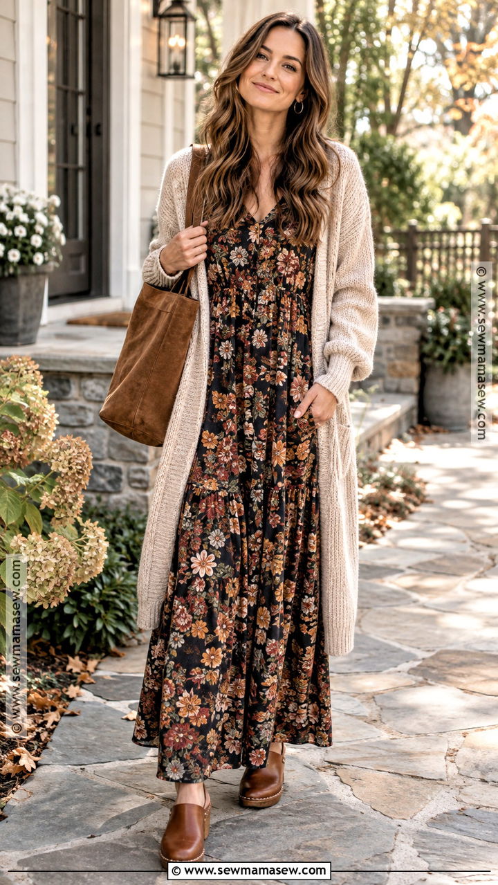 Floral Fall Maxi Dress With Long Cardigan And Clogs - 20 Floral Fall Dress Ideas